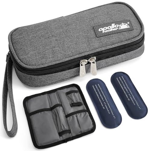 apollowalker-apollo walker Insulin Cooler Travel Case with Ice Packs and Insulation TSA Approved Includes 2 x 90g ice packs for 9-hour cooling insulin pens & syringes for Diabetics to Carry (Grey)